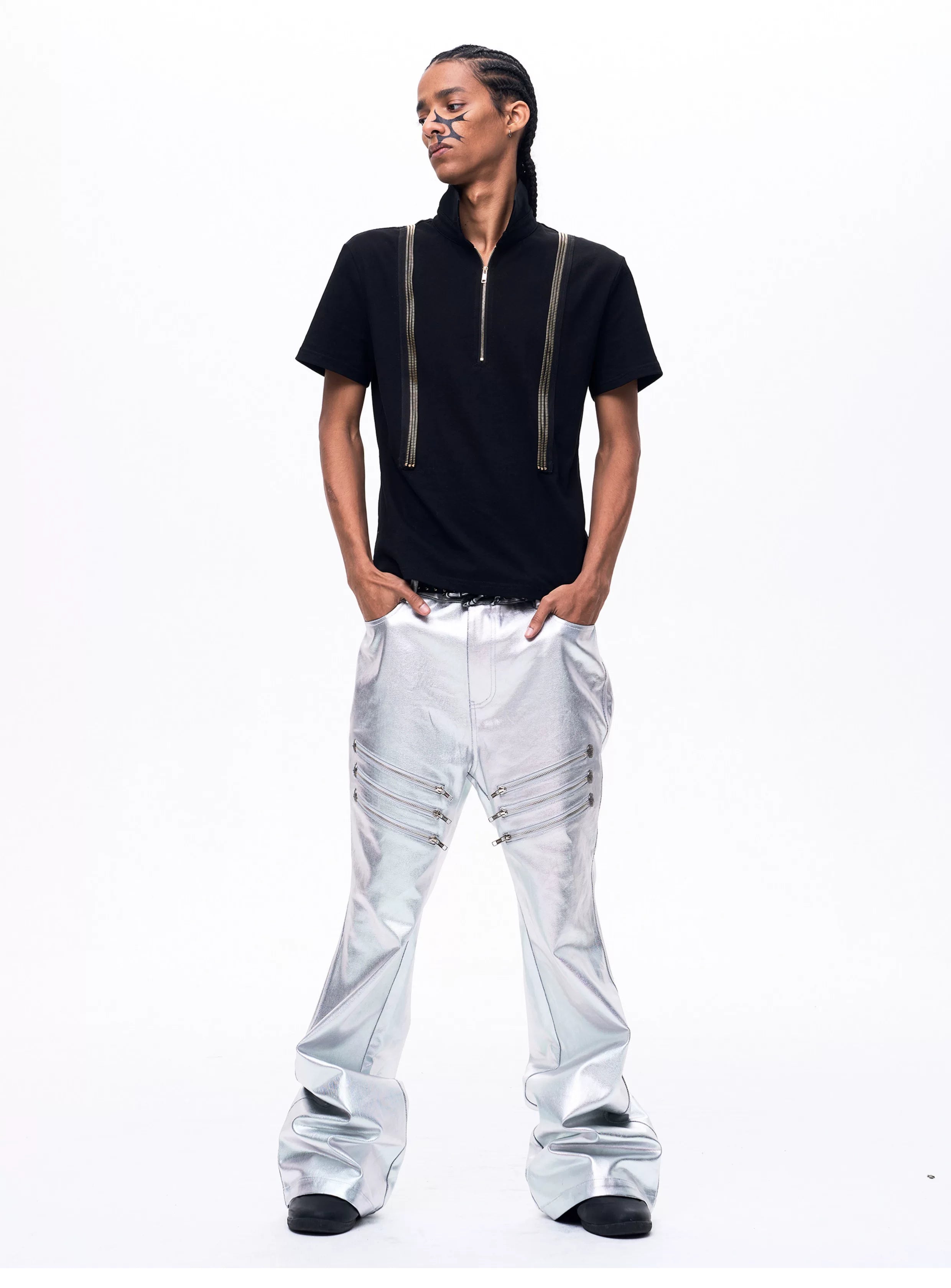 Men's Liquid Metal Silver Flared Jeans