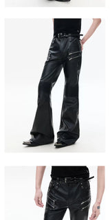 Black Zipped Coated Flared Leather Pants