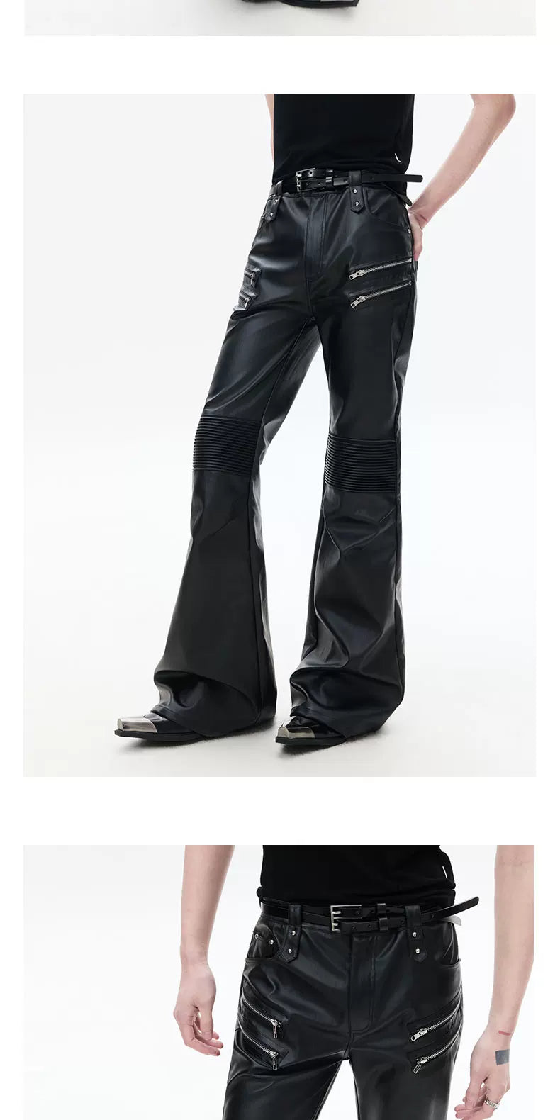 Black Zipped Coated Flared Leather Pants