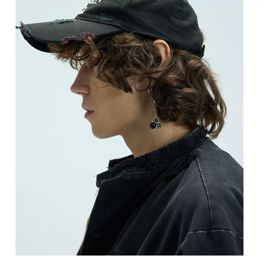 Long Brim Red Embroidered Distressed Cap
