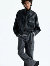 Vintage Faux Leather Multi-Pocket Cropped Jacket