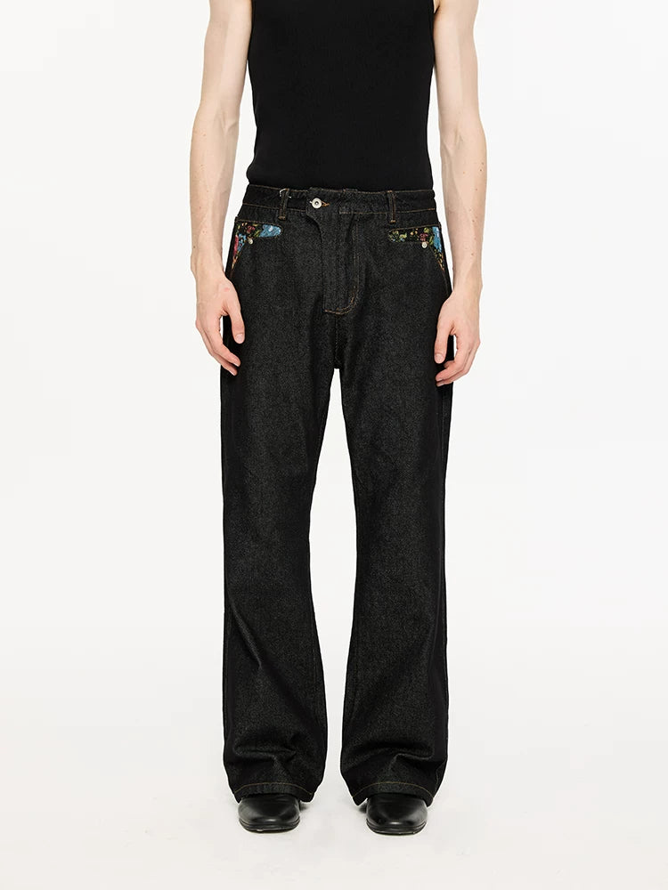 Washed Color-Blocked Floral Jacquard Flare Jeans