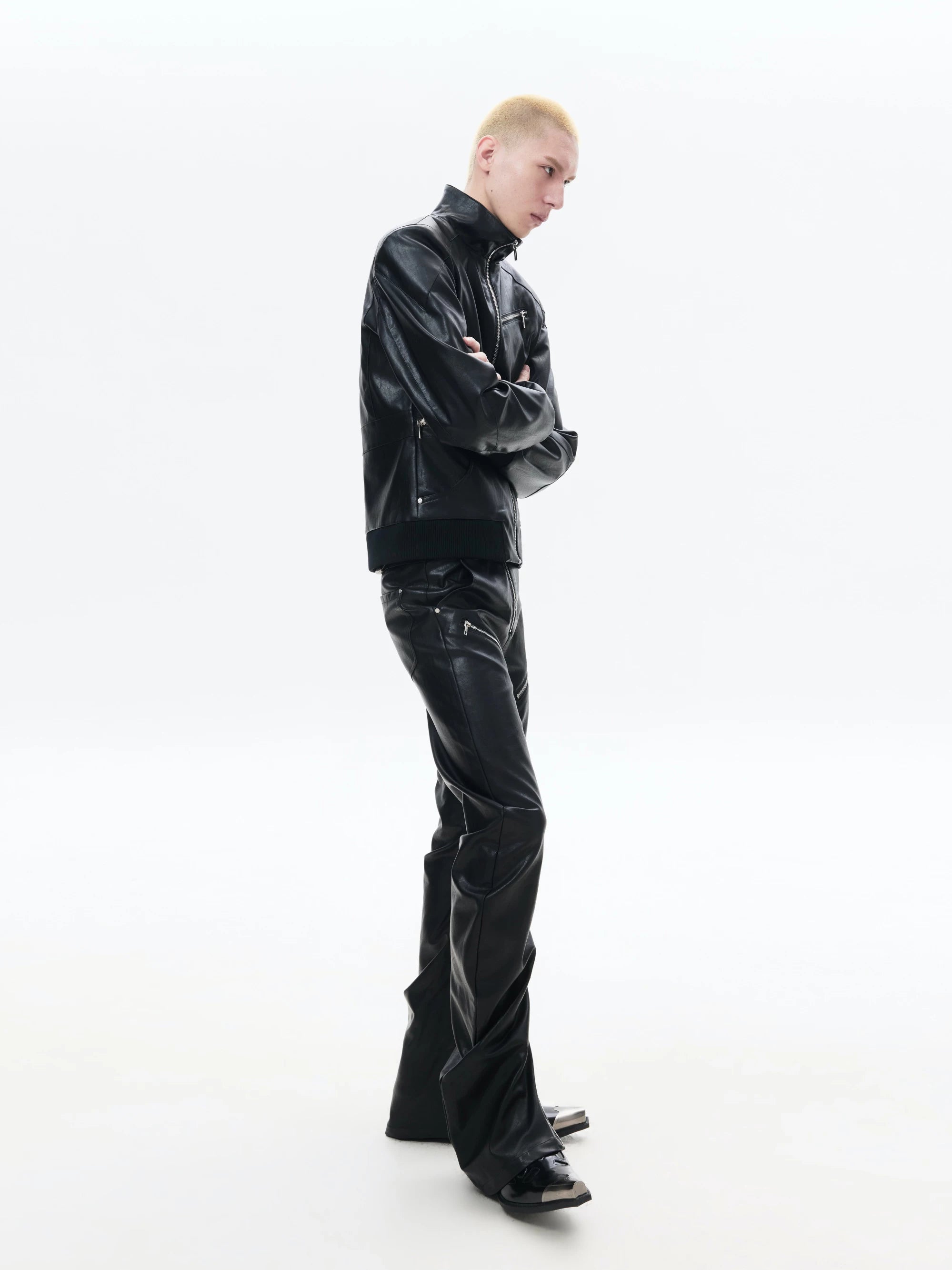 Black Slim Fit Zip-Collar Leather Jacket