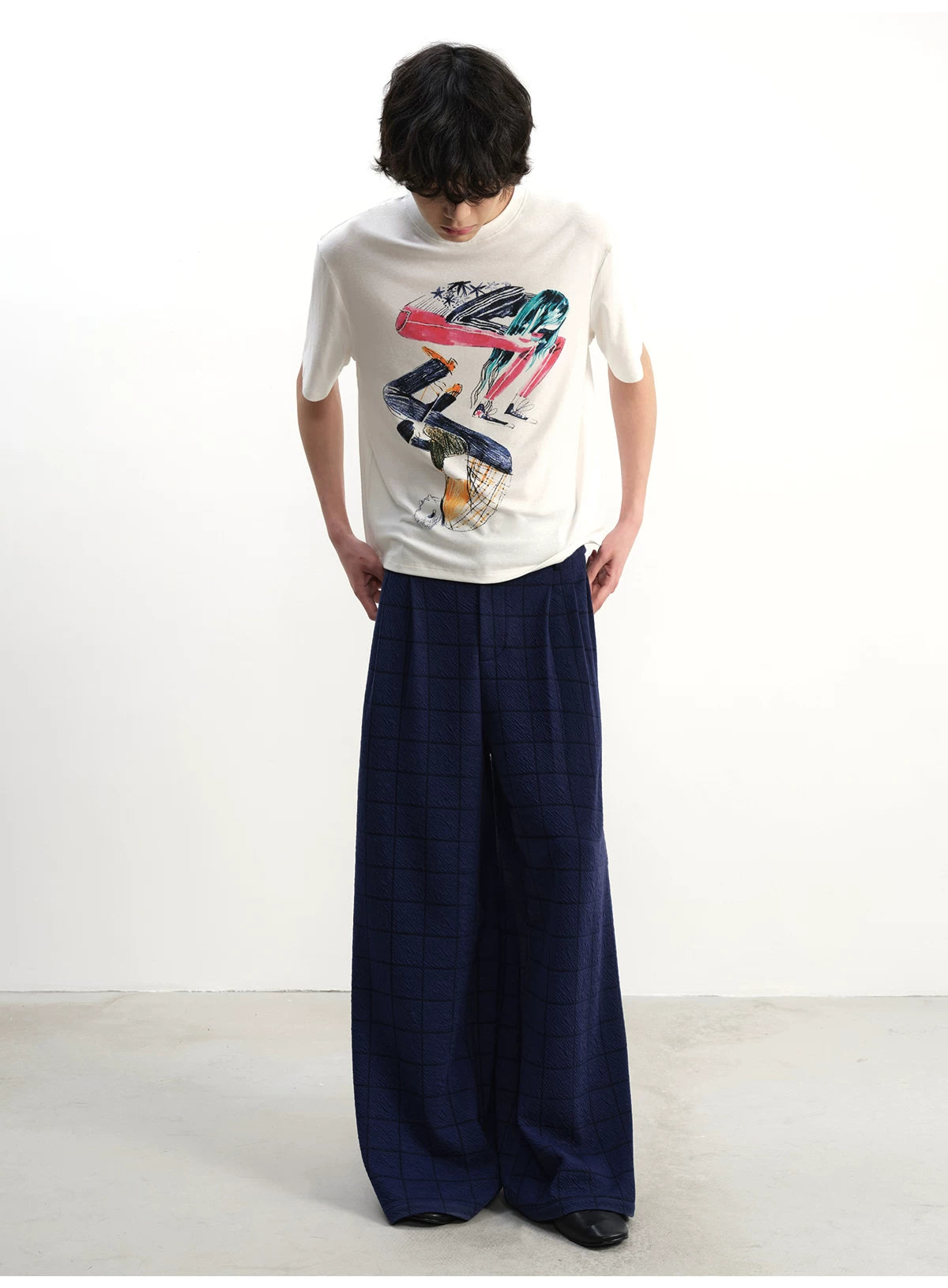 Blue-Black Plaid Pleated Casual Pants