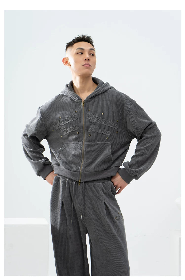 Gray Khaki Corduroy Embroidered Striped Zip-Hoodie