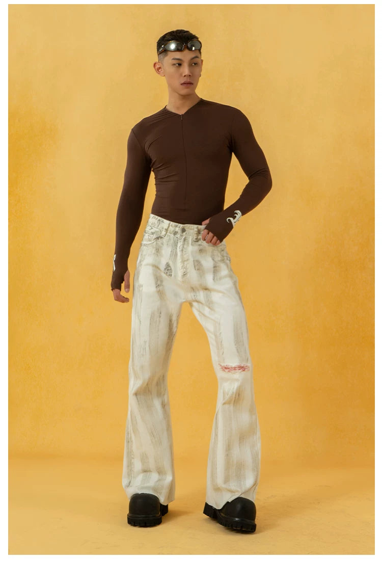 Men's Vintage White Sickle-Print Flare Jeans