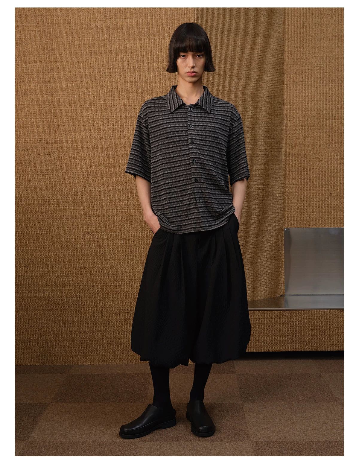 Black Pleated Leaf Jacquard Cropped Skort