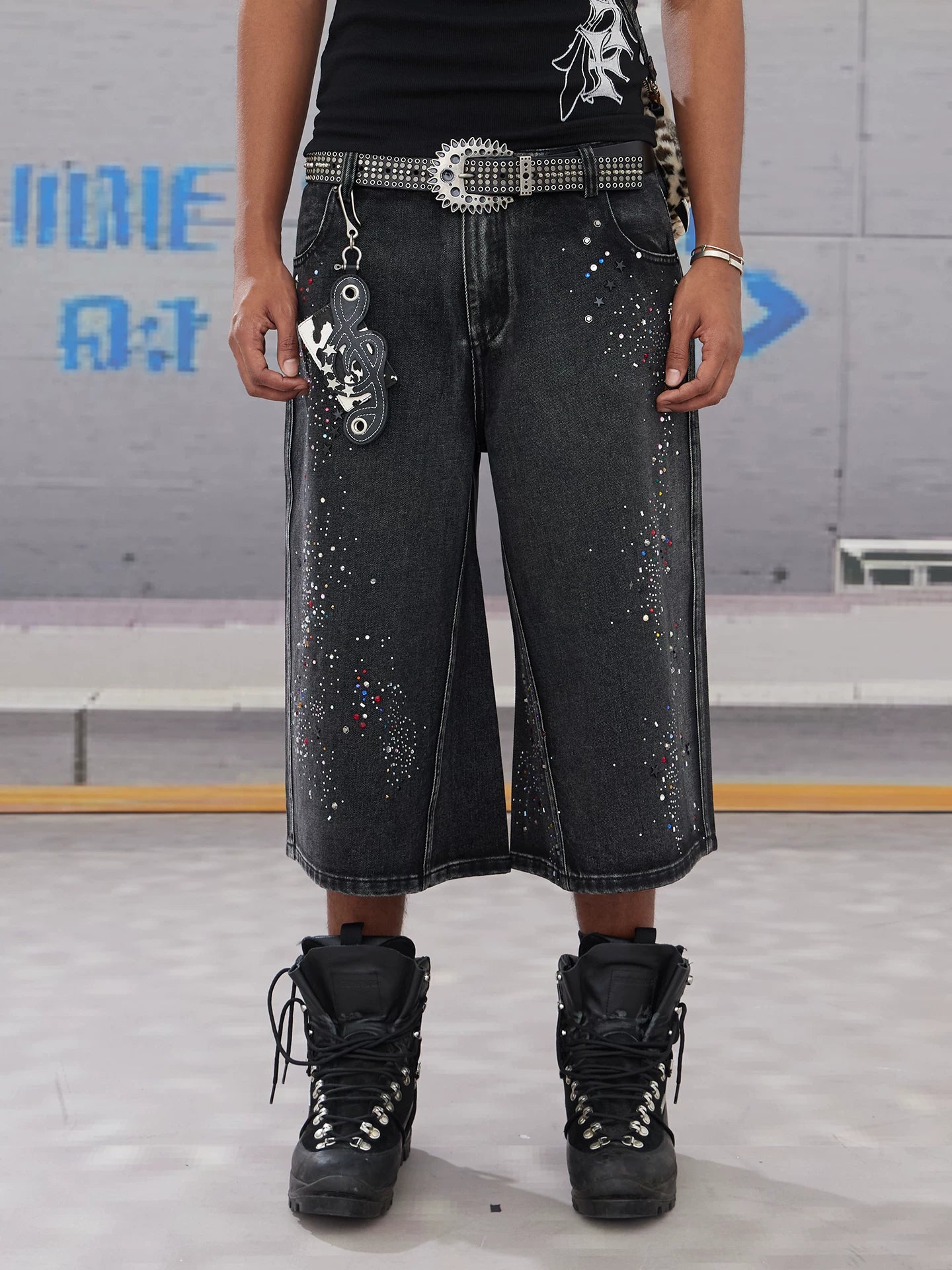 Rhinestone Distressed Cropped Denim Shorts