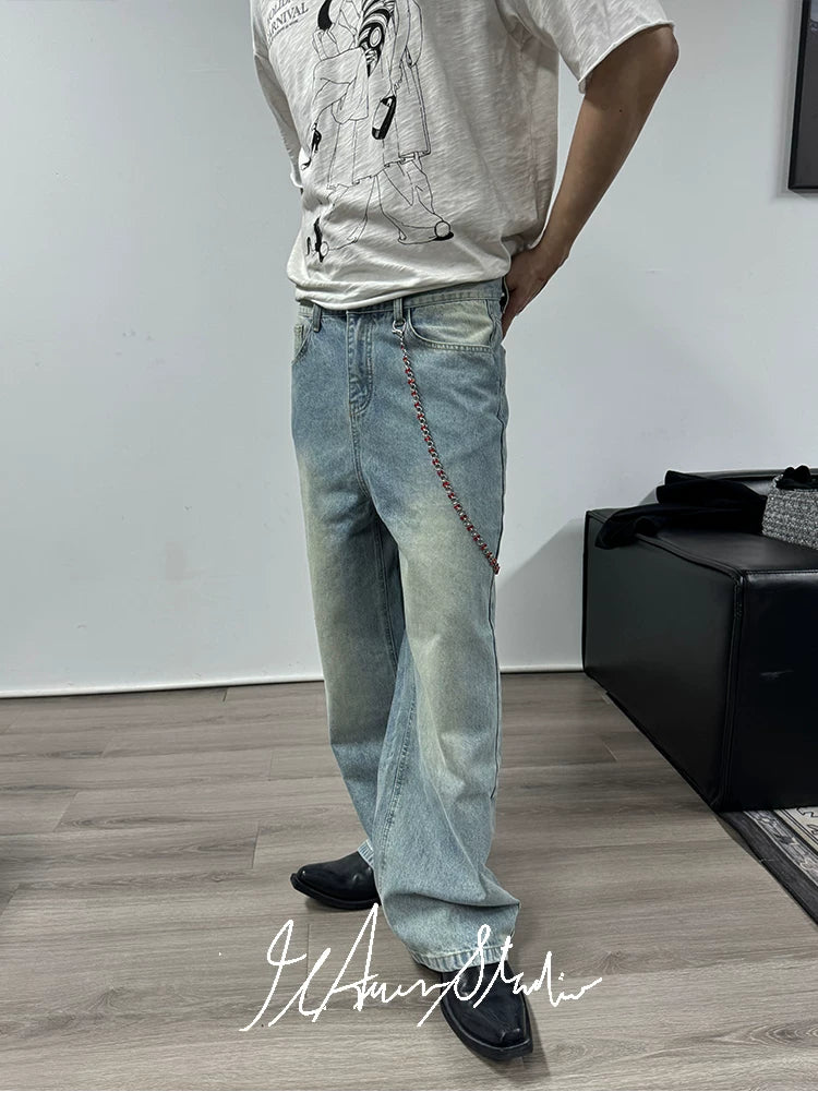 Tri-color Washed Straight Loose Jeans