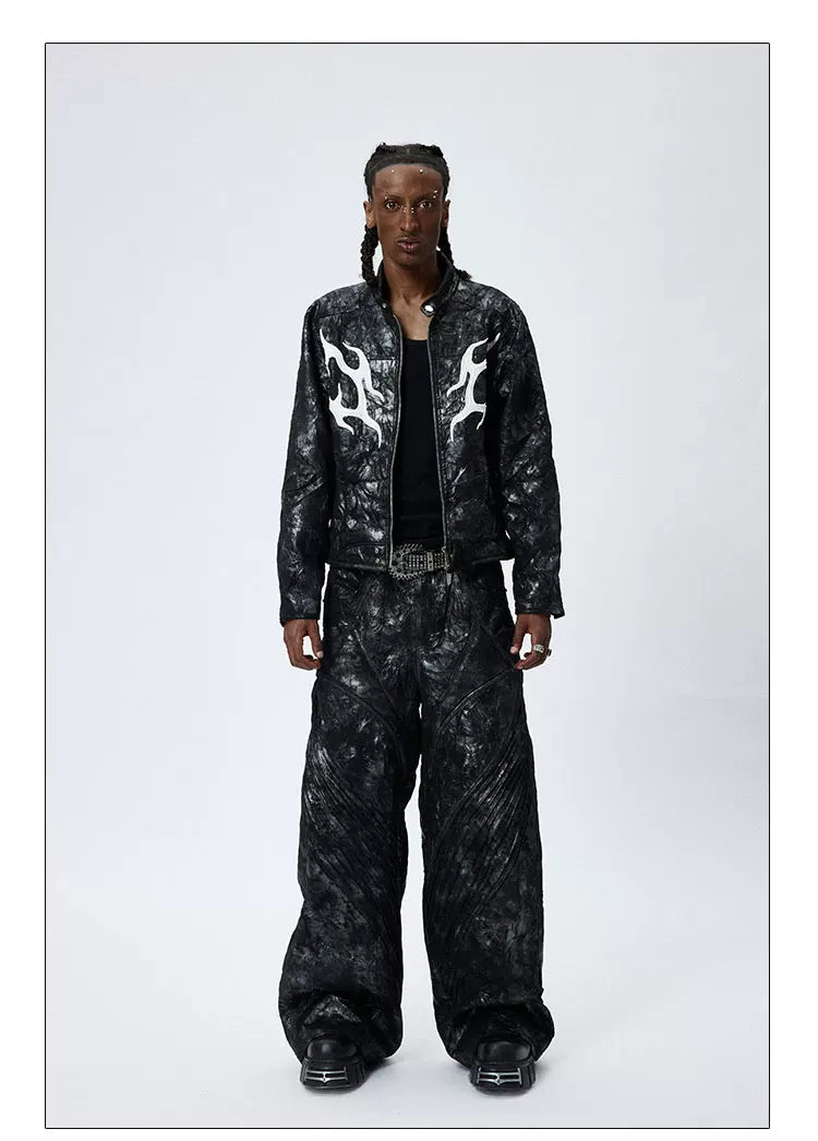 American Printed Pleated Leather Biker Jacket
