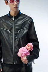 Men's Distressed Cropped Leather Moto Jacket