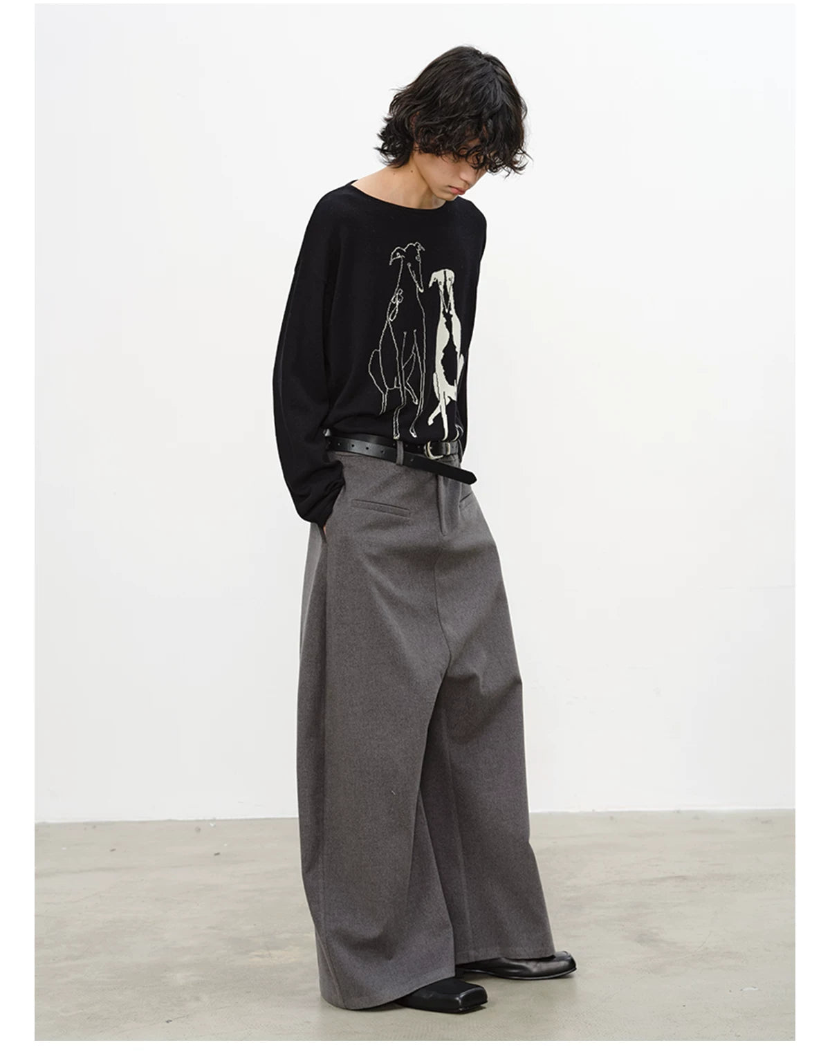 Drop Shoulder Dog Jacquard Cotton Sweater