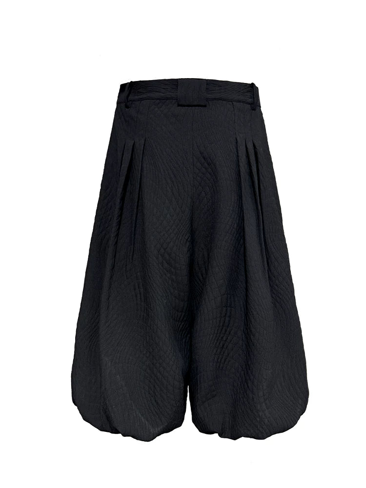 Black Pleated Leaf Jacquard Cropped Skort