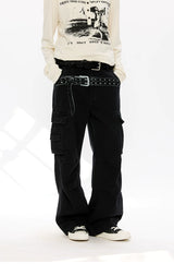Washed Printed French Blue Cargo Pants
