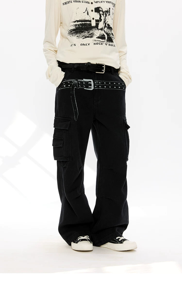 Washed Printed French Blue Cargo Pants