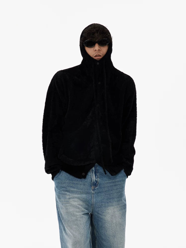 Black Hooded Faux Mink Knit Cardigan