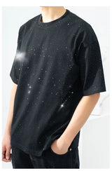 Unisex Black Loose Rhinestone Short-Sleeve Tee