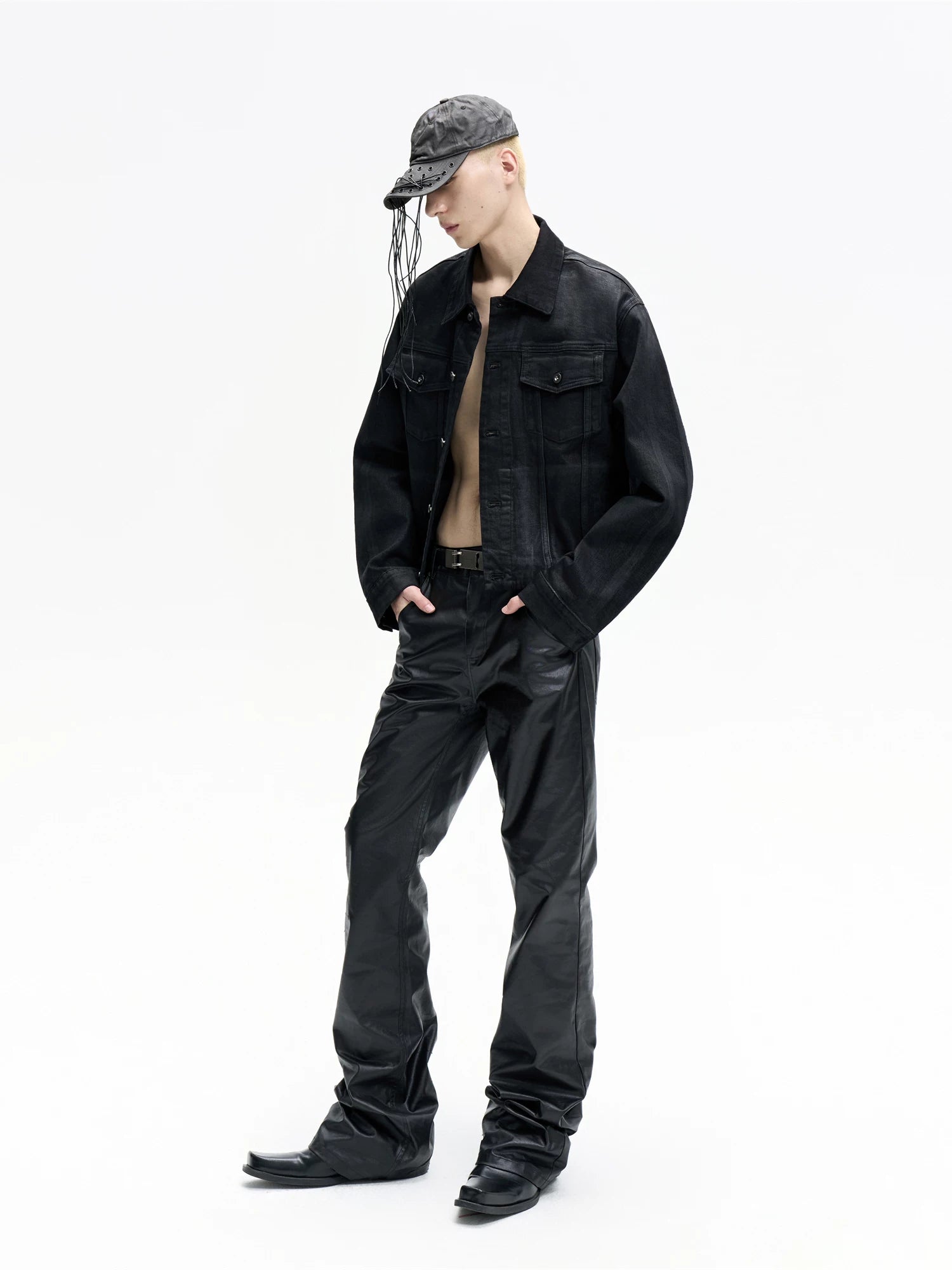 Dark Stacked Waxed Straight Skinny Pants