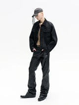 Dark Stacked Waxed Straight Skinny Pants