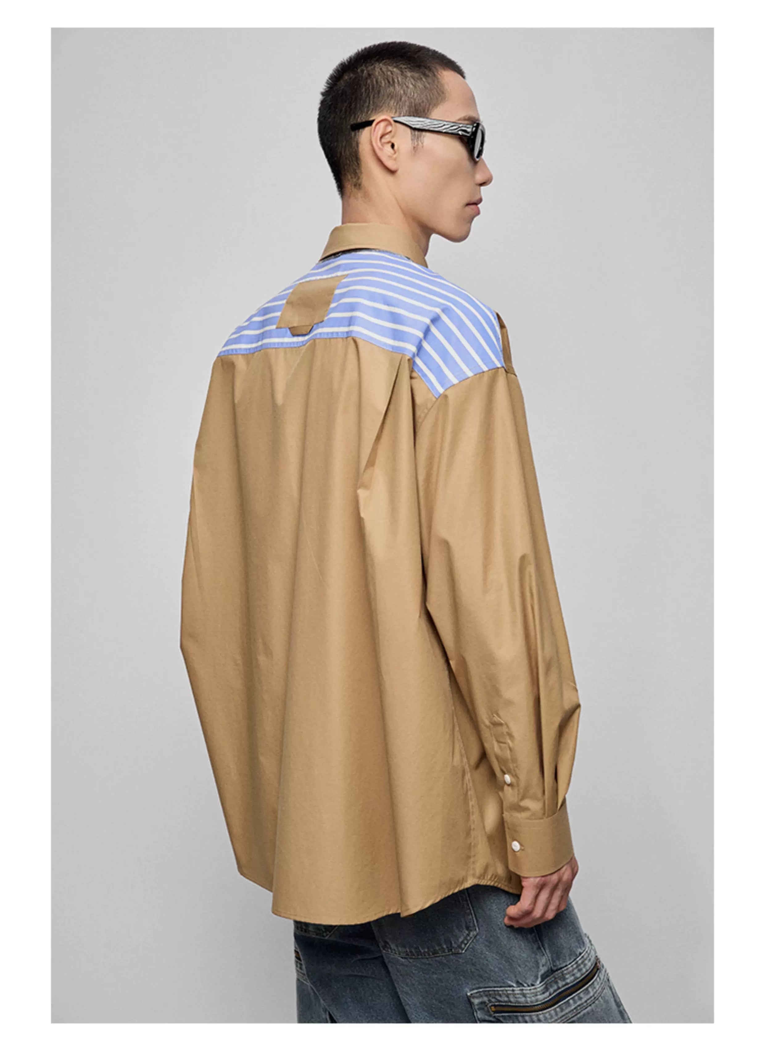 Color-block Striped Cotton Pocket Shirt