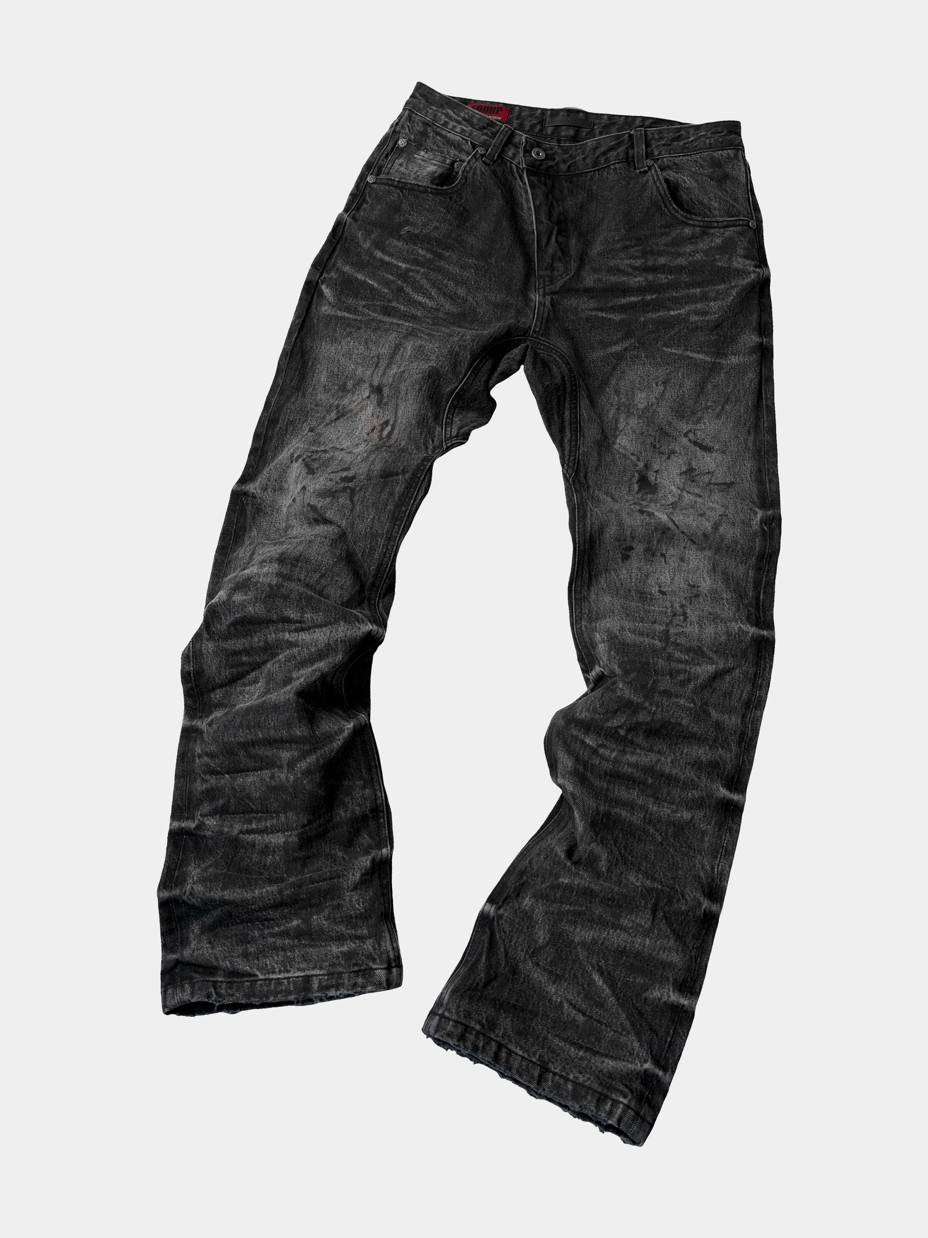 Dark Distressed Crinkled Straight Jeans