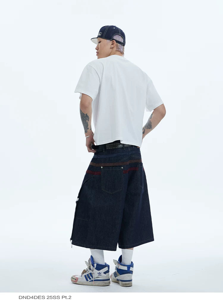 Star Suede Patchwork Cropped Denim Shorts