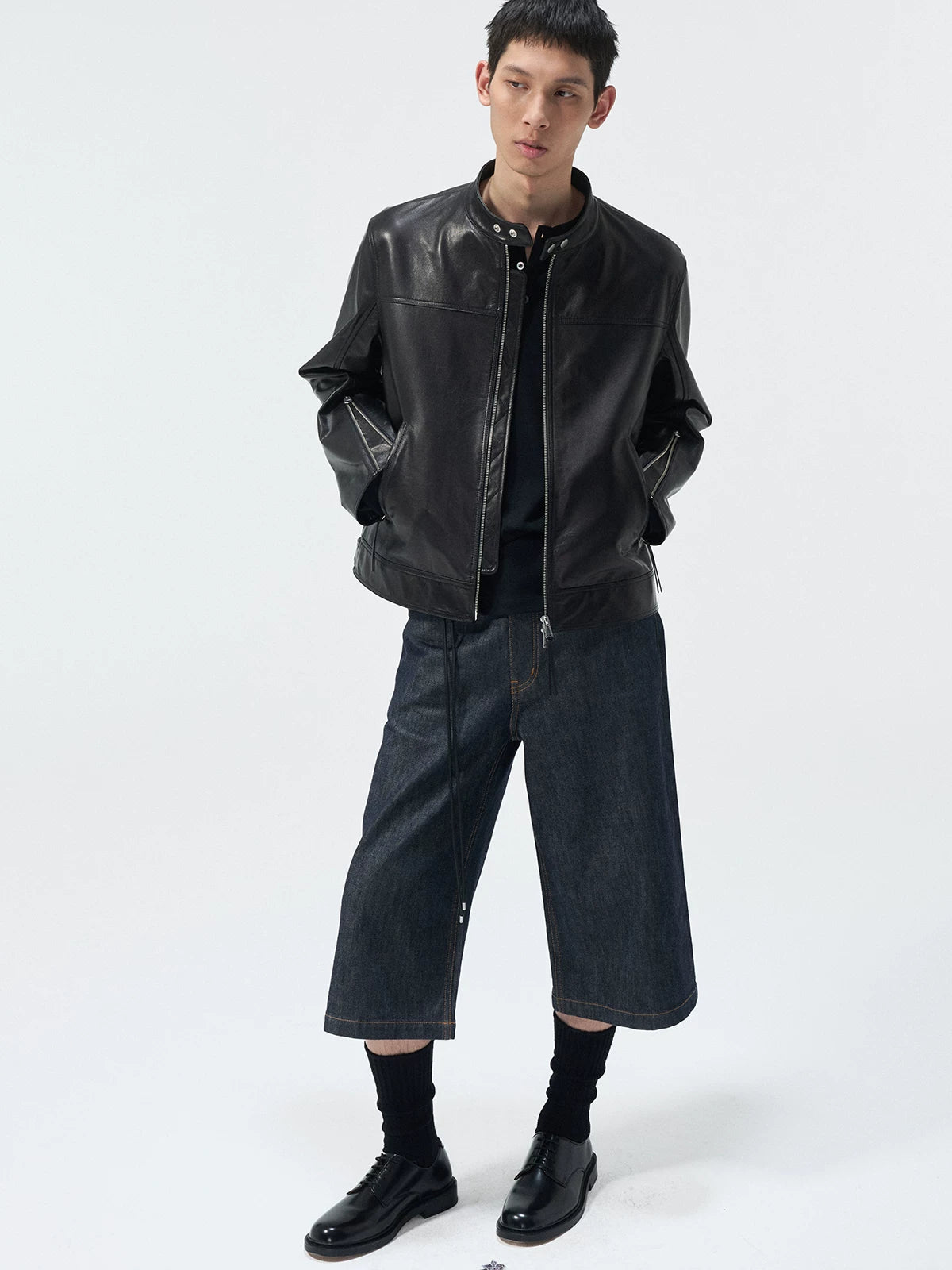 Short Stand Collar Cowhide Leather Jacket