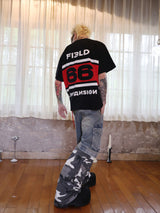Black White Red Striped Embroidered Tee