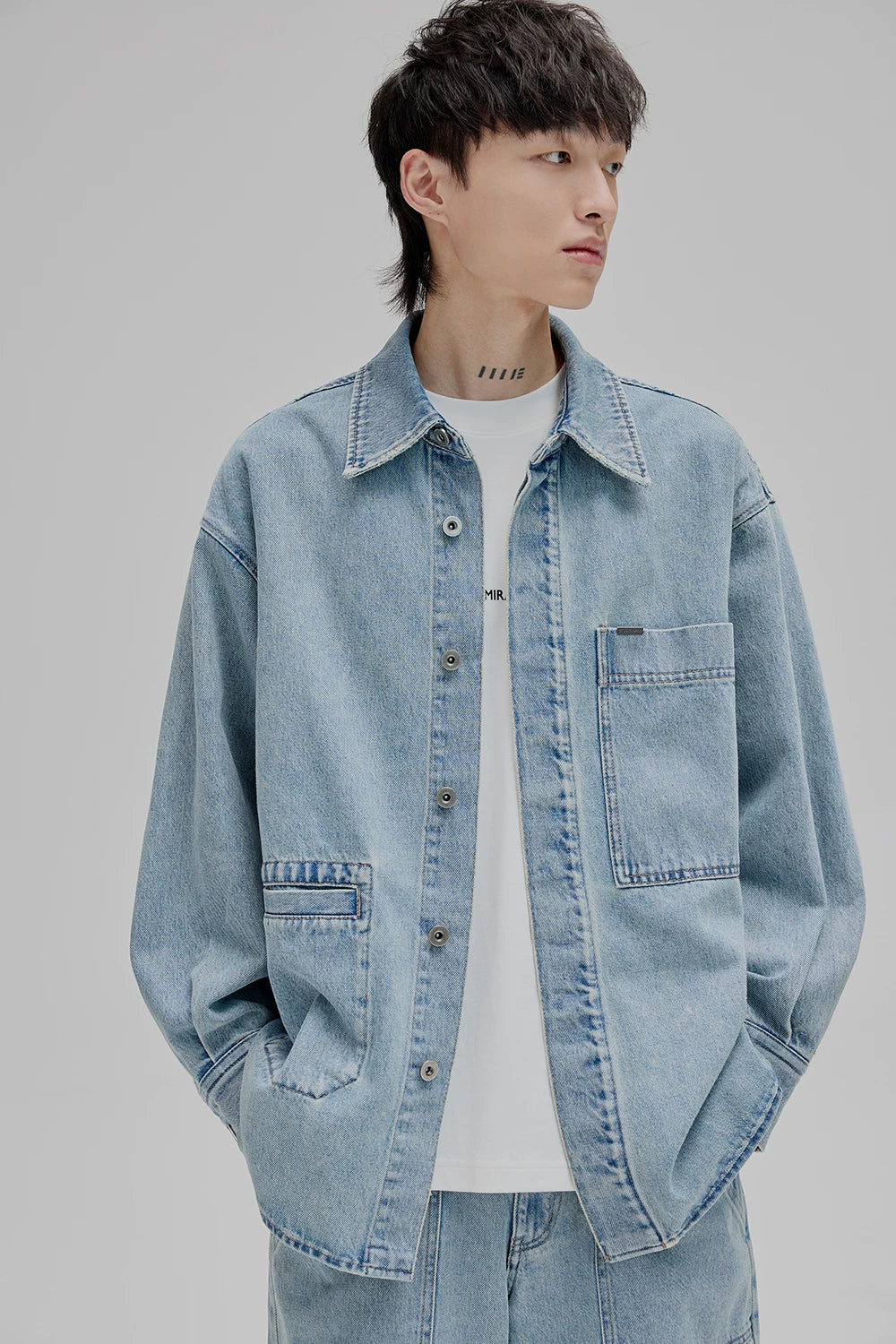 14Oz Washed Denim Asymmetric-Pocket Shirt Jacket