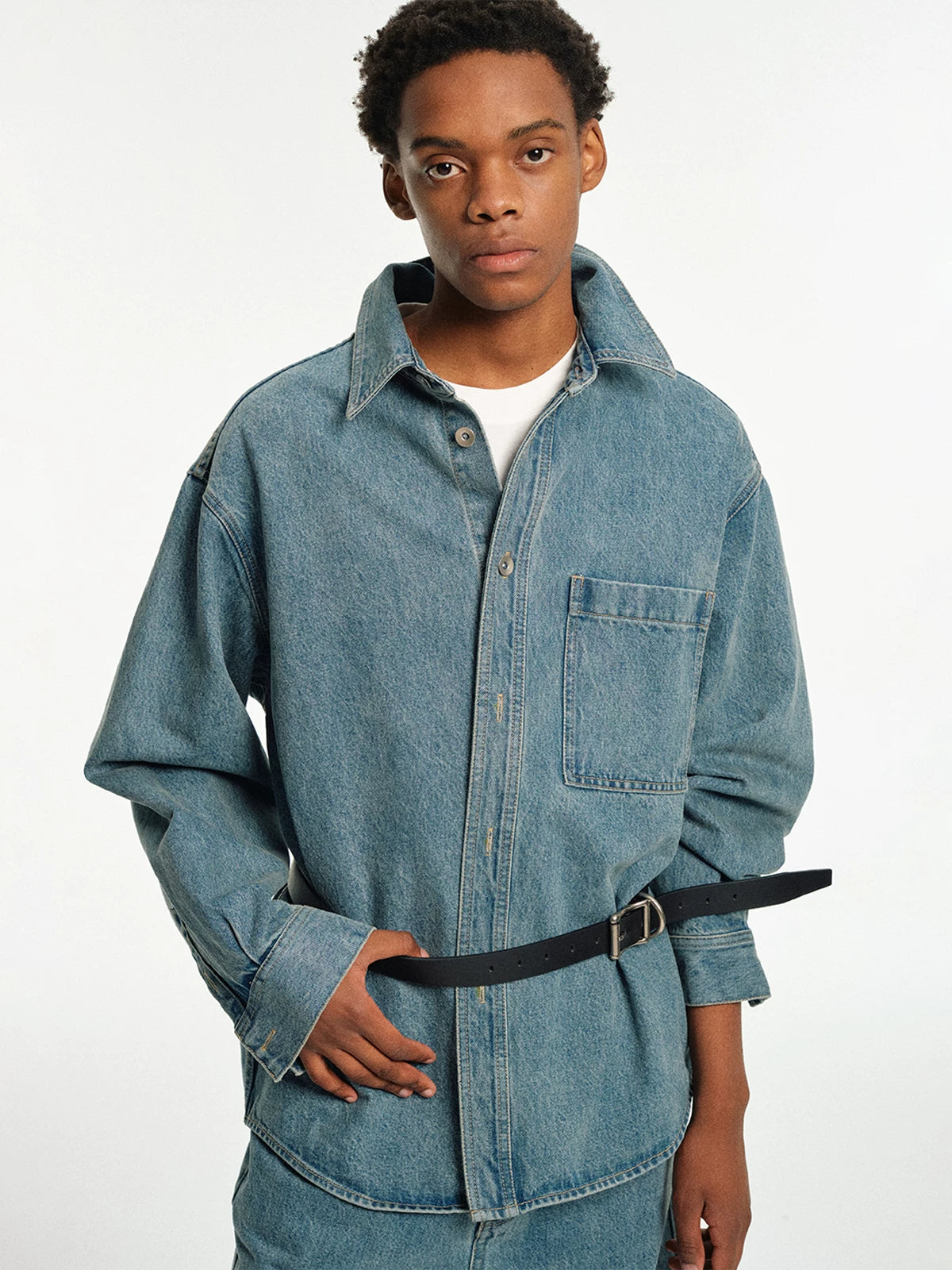 Relaxed Square Collar Distressed Denim Shirt