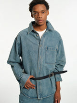 Relaxed Square Collar Distressed Denim Shirt