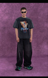 Men's Faded Black Curved Wide Jeans