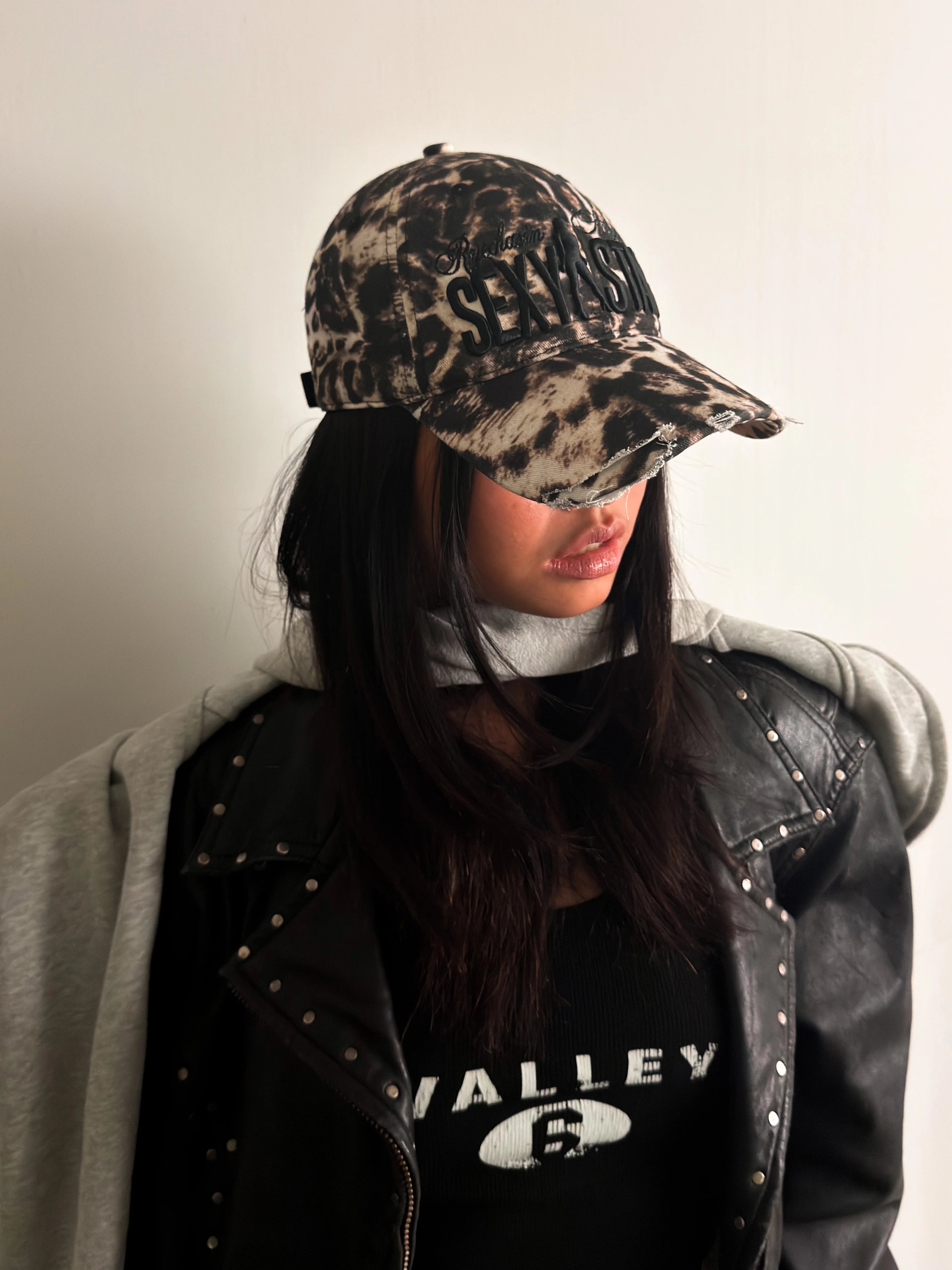 Embroidered Distressed Leopard Print Baseball Cap