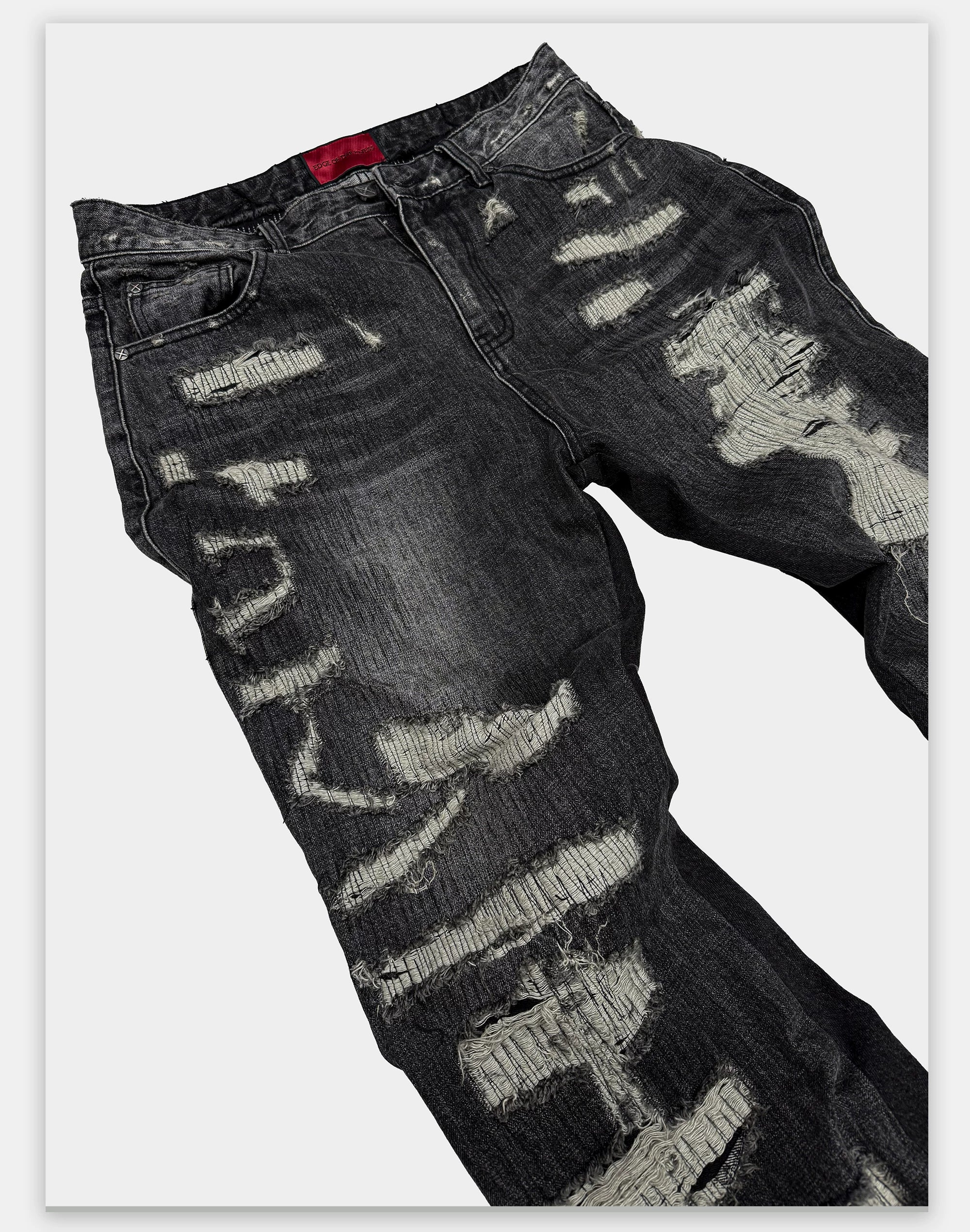 Heavyweight Distressed Embroidered Patchwork Flared Jeans