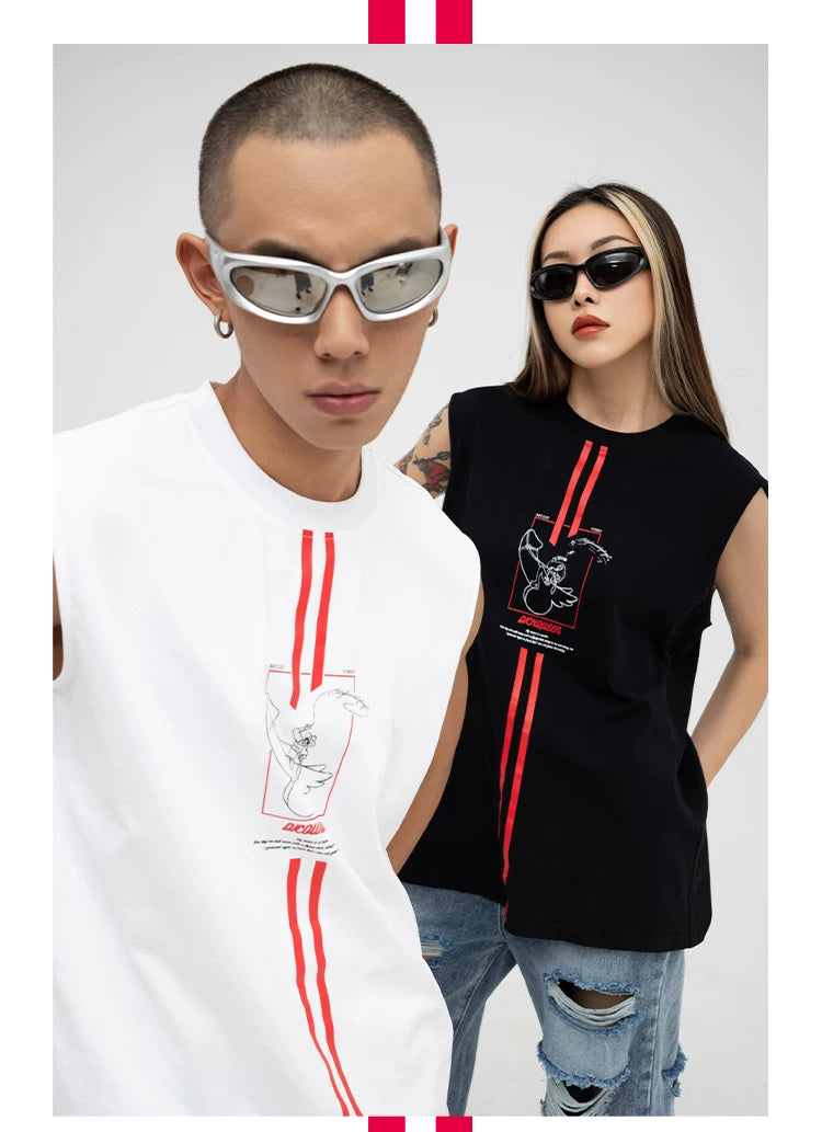 Men's White Loose Hand-Printed Tank Tops