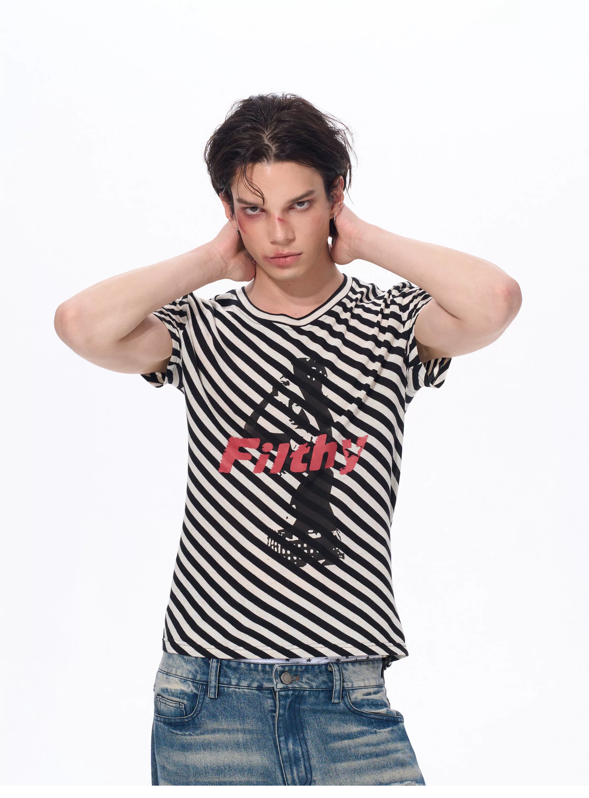 Letter Print Striped Short Sleeve Tees