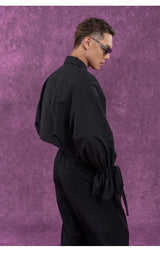 Men's Long-Sleeve Black-and-White Ruffled Sash Shirt