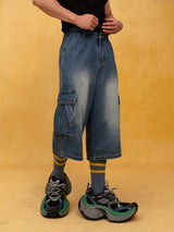 Men's Blue Relaxed Cargo Cropped Jeans
