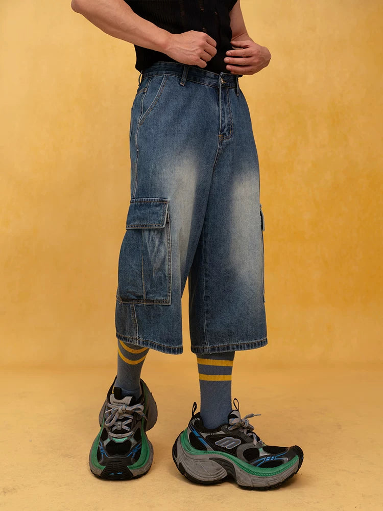 Men's Blue Relaxed Cargo Cropped Jeans