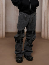 Heavy-Washed Paneled Curved Multi-pocket Cargo Jeans