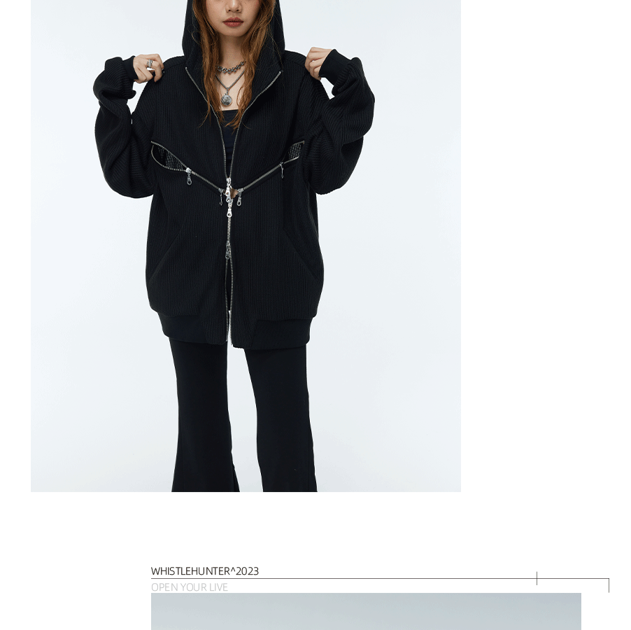 Two-Tone Cross Zip Hooded Turtleneck Cardigan