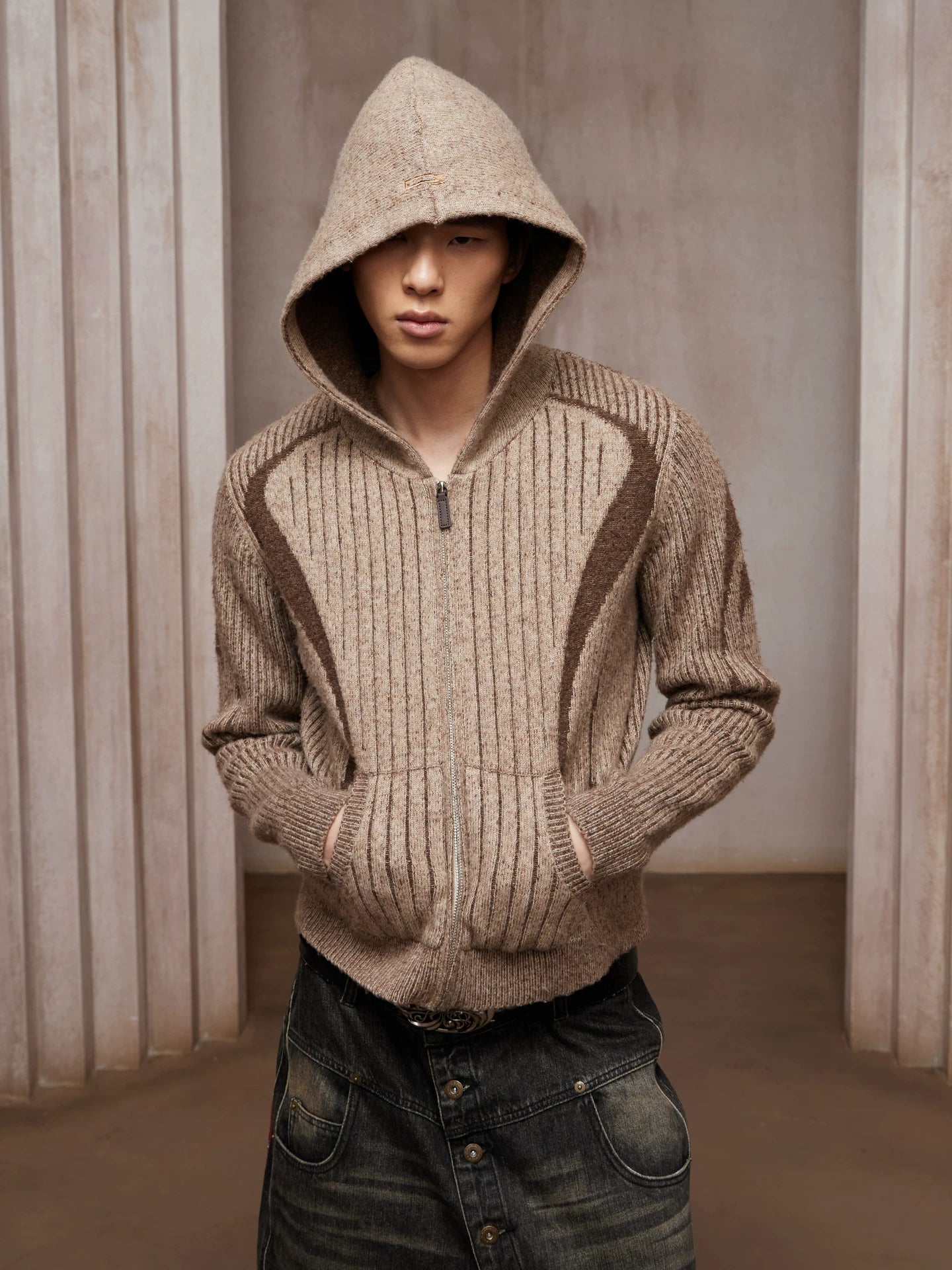 Color Block Wool Blend Zip Cardigan