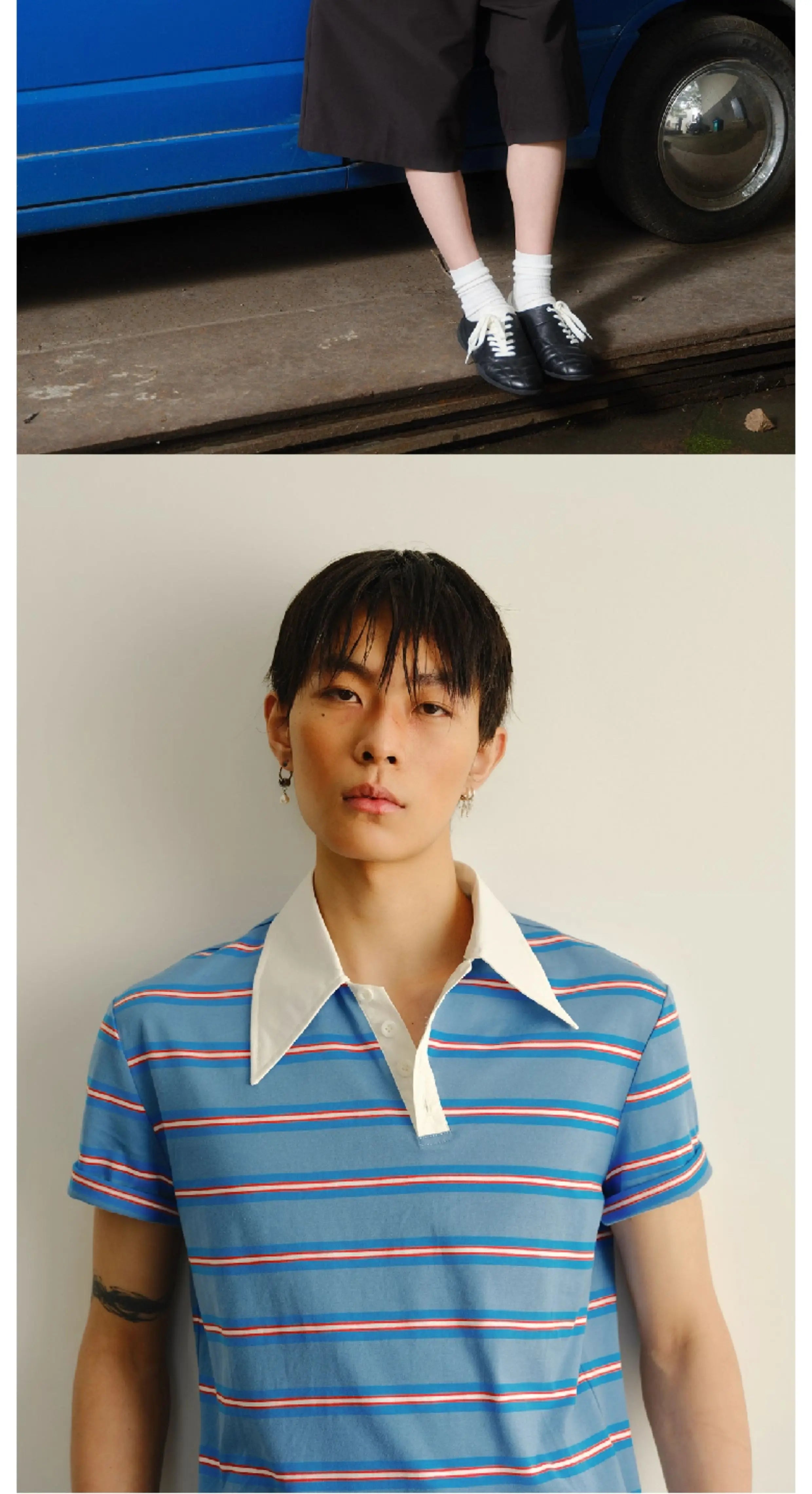 Asymmetric Collar Cropped Slit Polo Shirt