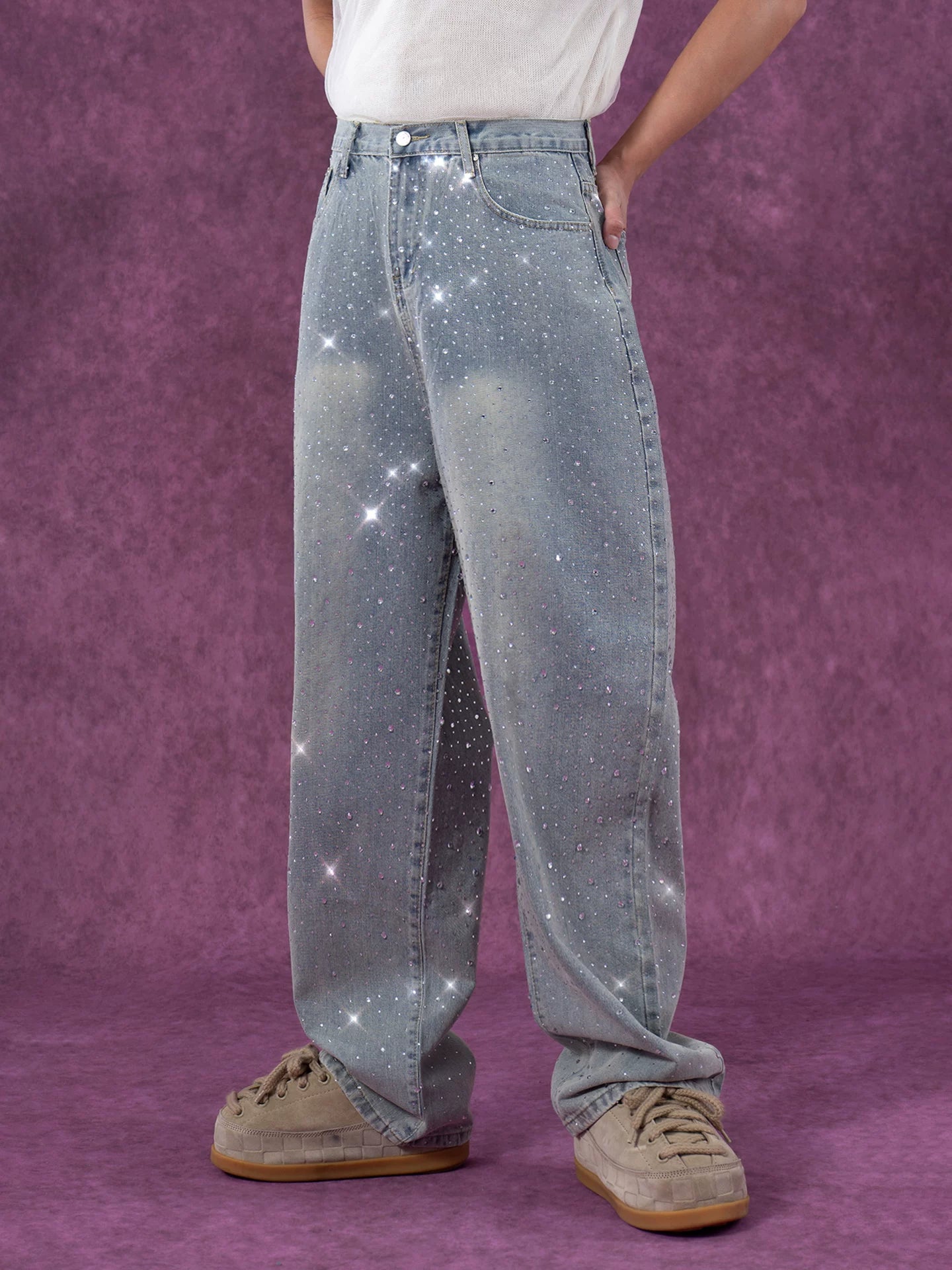 Men's Light Blue Sequined Baggy Jeans