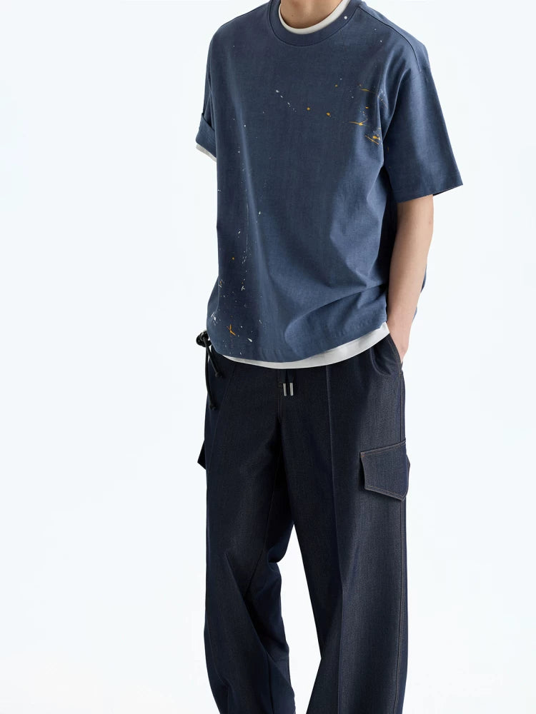 Indigo Denim-Style Drawstring Waist Cargo Pants