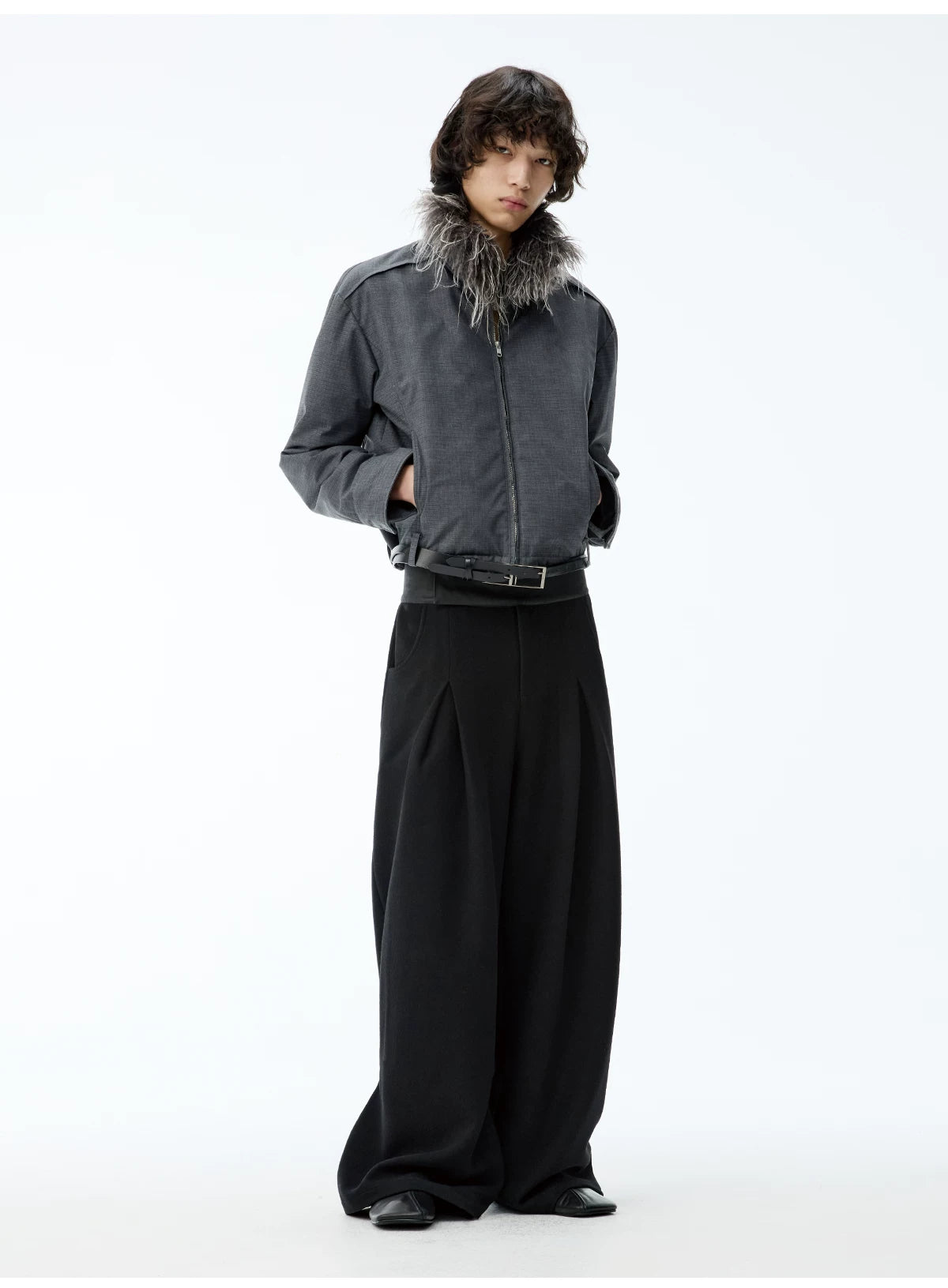 Fitted Two-tone Grid Fur Collar Jacket