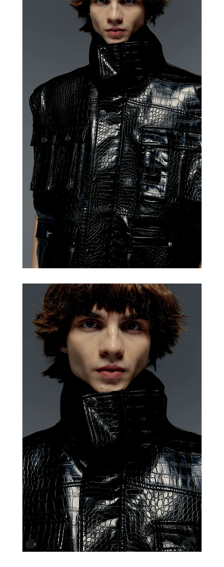 Croc Embossed Multi-pocket Sleeveless Leather Jacket