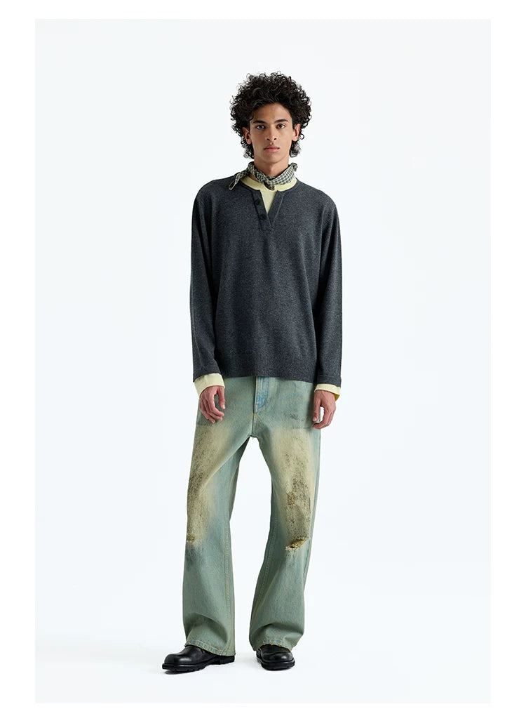 Wool Blend Layered Contrast Knit Sweater