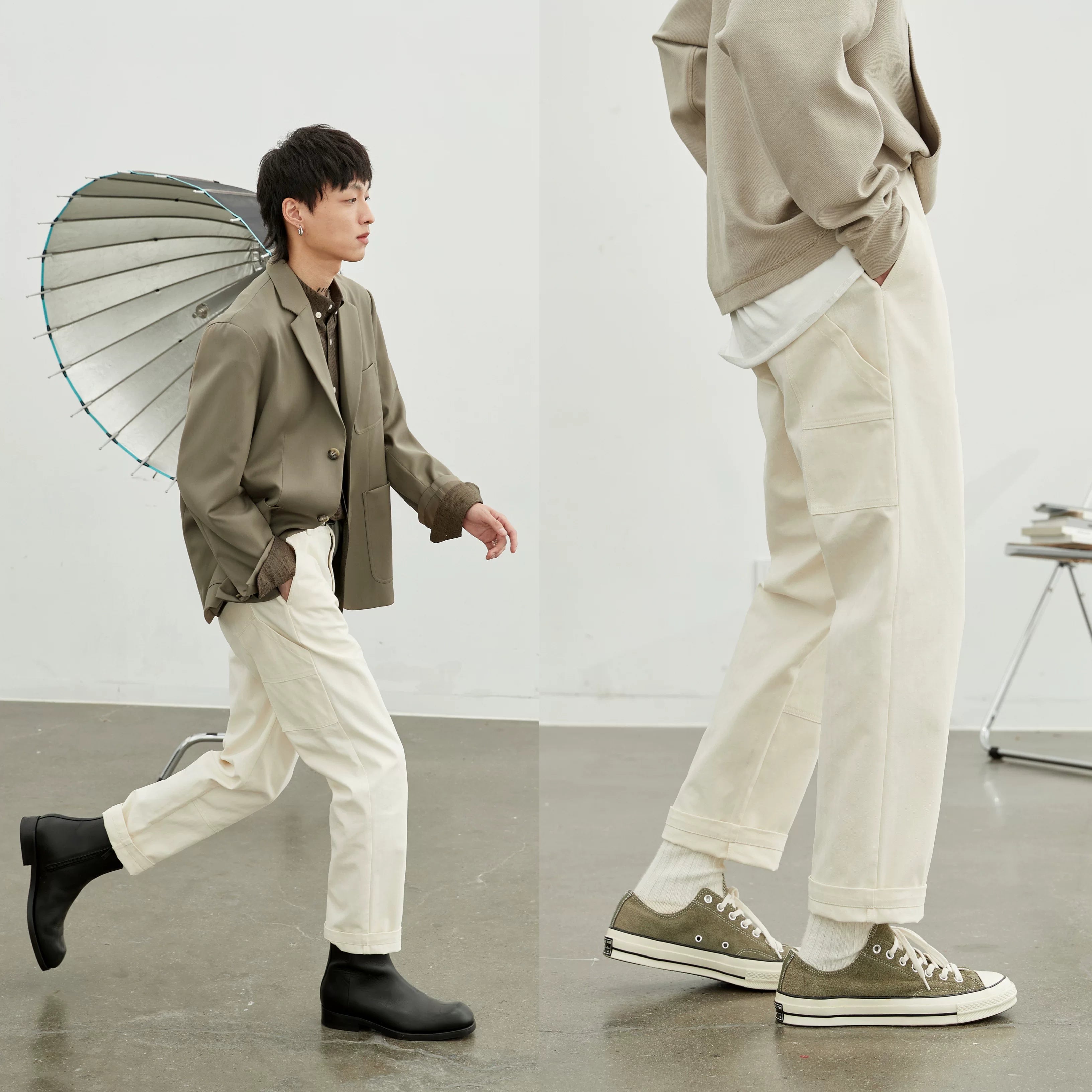 Vintage Herringbone Elastic Waist Cargo Pants