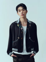 Ribbed Collar Shell Button Acetate Jacket